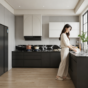 Cuisine Moderne MALIO |   Meubles <span class=keywords><strong>de</strong></span> cuisine noir mat |   Marbre Nero Marquina |   Capot Arqué |   Appareils électroménagers <span class=keywords><strong>SMEG</strong></span> |   Conception 3D Gratuite - Product Image 3