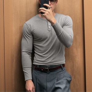 T-shirt Slim Fit Traspirante a Maniche Lunghe Henley, Abbigliamento Old Money, T-shirt Henley da Uomo in Cotone a Manica Lunga - Product Image 2