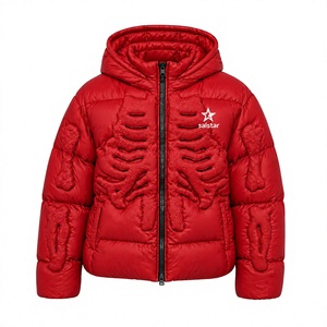 Veste matelassée rouge personnalisée pour homme/femme, veste d'hiver chaude à capuche avec imprimé squelette 3D, vêtements de rue tendance - Product Image 1