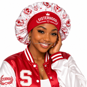 Bonnet en satin inspiré de <span class=keywords><strong>la</strong></span> vie grecque, <span class=keywords><strong>rouge</strong></span> et blanc, bonnet de nuit personnalisé style sororité pour les femmes étudiantes - Product Image 3
