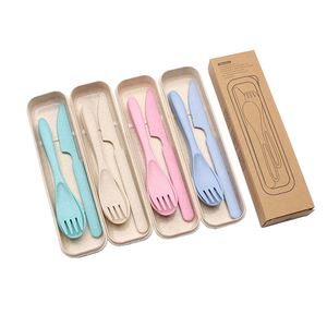 J364 Wholesale BPA Free Portable Travel Wheat Straw Plastic Fork Spoon Knife Cutlery Set