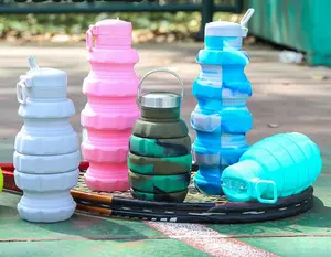 地雷形硅胶水瓶可重复使用可折叠轻质防漏瓶，用于旅行健身房野营17盎司带吸管