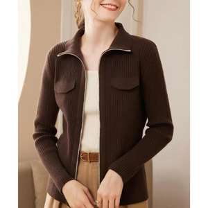 ODM Service <span class=keywords><strong>Cardigan</strong></span> Casual a collo alto da donna in lana traspirante misto a maniche lunghe sottile con finiture con cerniera per la primavera - Product Image 4
