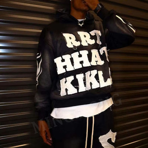 Hombres personalizados de la etiqueta engomada del bordado de la calle recortada sin cordón Vintage lavado Sudadera con capucha - Product Image 5