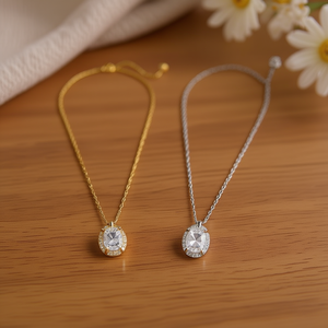 Collana con Ciondolo Zi Fashion in Acciaio Inossidabile, Zirconia Cubica Ovale, Oro e Argento, Classica per Uso Quotidiano - Product Image 3