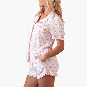 Conjuntos de Pijama Personalizados con Estampado de Lazos, Conjuntos de Pijama de Algodón Modal, Pijama Corto con Ribete, Ropa de Dormir para Mujer, Pijamas de Bambú - Product Image 3