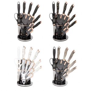 9-Piece Stainless Steel Kitchen <b>Knife</b> <b>Set</b> with Marble Patterned Electroplated Head Custom Logo Metal Components Rotating Seat - Product Image 3