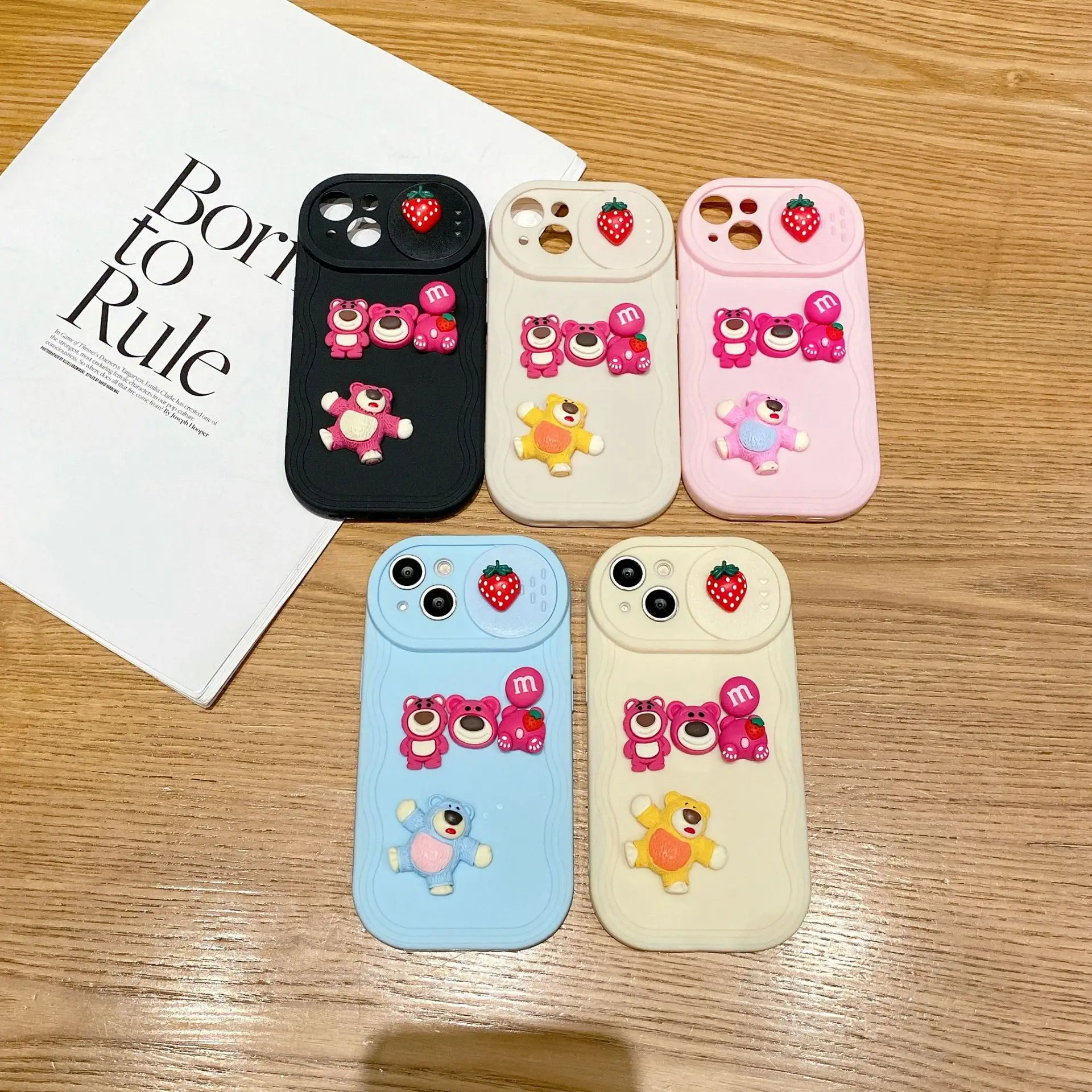 Casing ponsel, cocok untuk iPhone 15, casing ponsel, jendela dorong gelombang, untuk Apple 13 3D M, beruang stroberi untuk Apple XS, casing pelindung lembut