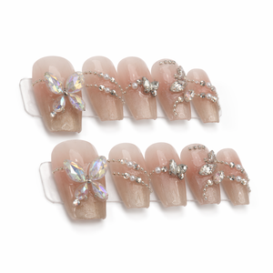 Faux ongles à presser papillon rose avec strass, couverture complète, style français, réutilisables, en acrylique, pour manucure des doigts - Product Image 1