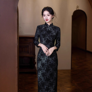 Tendencia en Internet Otoño Invierno Nuevo Estilo Nacional <span class=keywords><strong>Cheongsam</strong></span> Elegante de Tela Compuesta con Estampado Tie-Dye Mejorado Talla Grande Largo - Product Image 3
