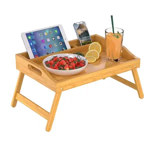 Bandeja de bambú para comida de desayuno, uso como plato, escritorio para computadora portátil, refrigerio, bandeja de TV, bandeja de servicio de cocina, manijas de cama, patas plegables, mesa de bandeja de madera