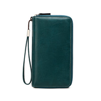 Tas tangan kulit pu wanita, dompet panjang ritsleting ganda, pemegang paspor RFID, lipat tiga