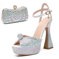 Sandales de soirée de luxe à talon bloc et plateforme, ornées de strass, à bout ouvert et bride cheville, pour femme, grandes tailles, avec pochette assortie