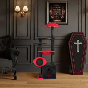 ओम गंध बड़ी लकड़ी के गोथिक बिल्ली का पेड़ लाल आंखों की सजावट इंटरैक्टिव मकड़ी खिलौना और बिल्लियों और कुत्तों के लिए बिस्तर-सुरक्षित चढ़ाई संरचना - Product Image 2