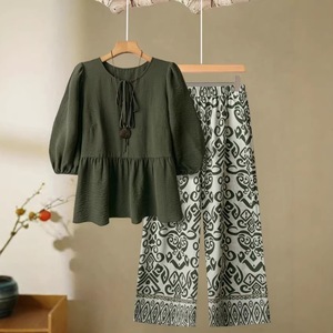 Xiyin Women's Casual Set Green Black <b>Plus</b> <b>Size</b> Summer Loose Tie Front Pants Patterned Long <b>Trousers</b> Europe America Southeast - Product Image 1