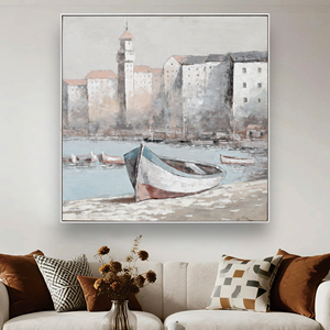<span class=keywords><strong>Peinture</strong></span> à l'huile moderne de paysage urbain côtier, scène de port peinte à <span class=keywords><strong>la</strong></span> main avec bateaux et mur <span class=keywords><strong>historique</strong></span>, pour <span class=keywords><strong>la</strong></span> décoration intérieure - Product Image 1