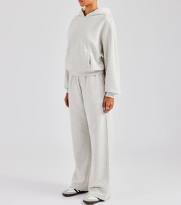 Survêtement sur mesure pour femme 100 % coton, gris uni, coupe ample, sans cordon, épaules tombantes, hiver, avec dentelle, vente en gros - Product Image 5