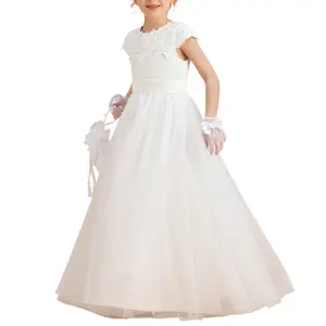 Gaun perempuan bunga anak renda putih panjang lantai Princess applique Tulle untuk pesta pernikahan gaun Komuni Pertama pembaptisan
