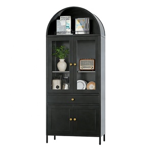 Mobiletto Espositivo Curvo in Metallo Nero, Libreria Alta Curva in Acciaio con Ante in Vetro per Soggiorno - Product Image 1