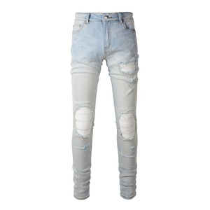 <span class=keywords><strong>Jeans</strong></span> Skinny Strappati da <span class=keywords><strong>Uomo</strong></span> Stile Retrò Americano, Lavaggio Azzurro Chiaro, Moda Streetwear, Alta Qualità, <span class=keywords><strong>Jeans</strong></span> Designer Personalizzati - Product Image 2