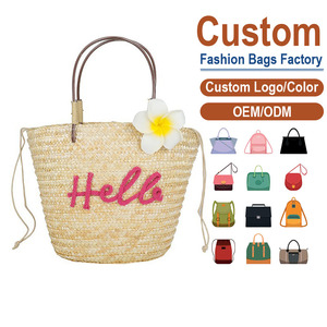 Borsa Tote in Paglia Personalizzata con Decorazione Floreale e Ricamo '<span class=keywords><strong>Hello</strong></span>', Stile Bohémien, Borsa Estiva da Donna con Due Manici e Chiusura a Cordoncino - Product Image 1