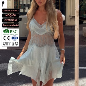 Minivestido bohemio de encaje para mujer, con cuello en V, bordado, dobladillo irregular, tirantes finos, vestido de playa para vacaciones de verano - Product Image 1