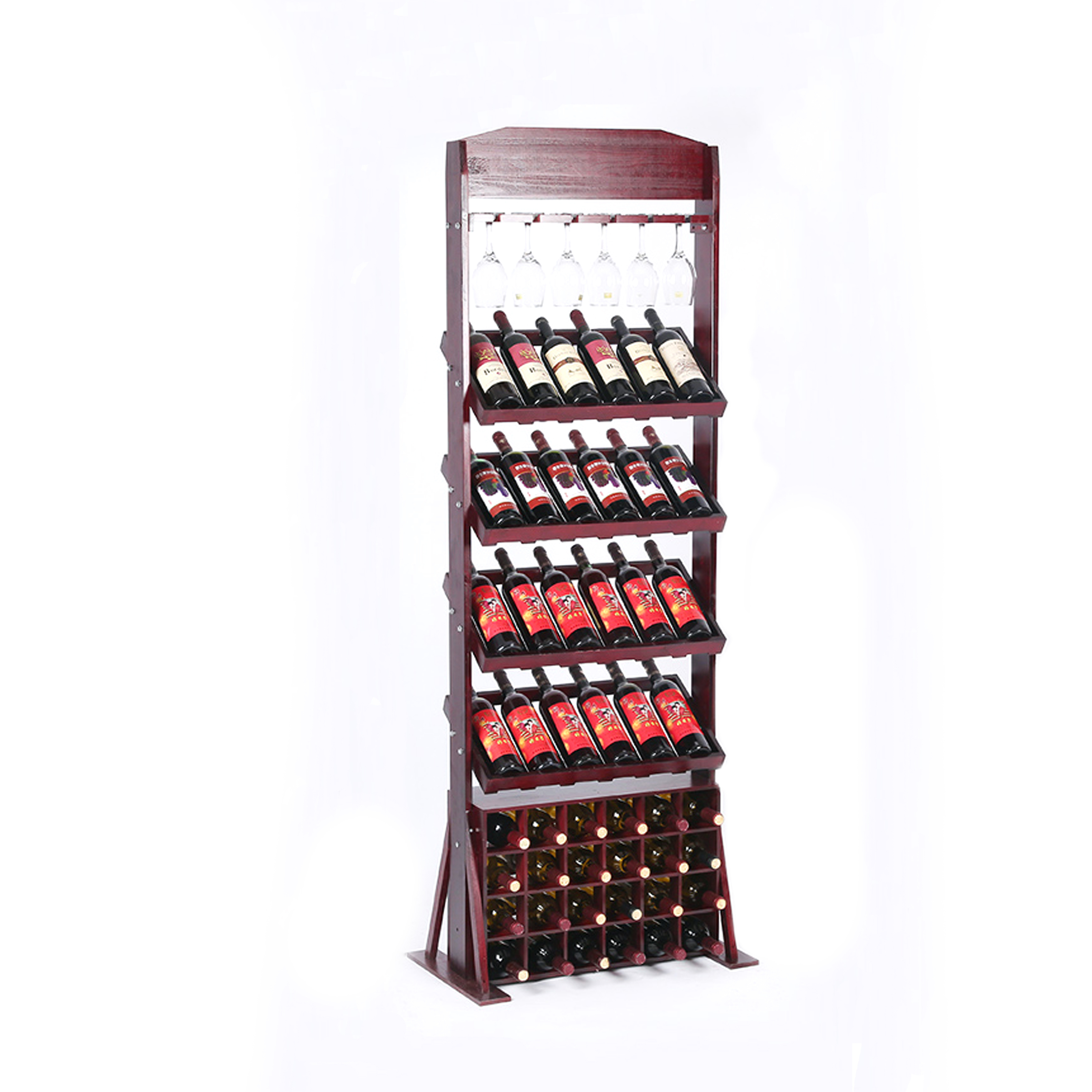 Floor Wine Shelf Holder Display Bottle Storage Stackable Modular Rack Supermarket Red Wine Wooden Heavy Duty Shop Display Stand — view 6