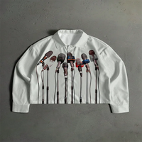 Chemise décontractée streetwear à manches longues boutonnée, coupe courte, à rayures, imprimé microphone rose, style rétro vintage Y2K