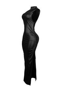 女式黑色 PU 皮革紧身长裙 女式生日俱乐部之夜无袖褶皱高开叉舞会长裙 - Product Image 5