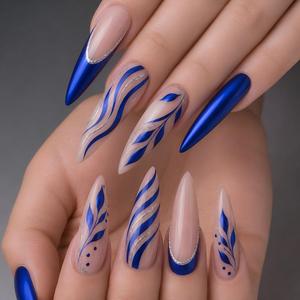 <span class=keywords><strong>Uñas</strong></span> Acrílicas Postizas, Largas, Estilo Stiletto, Base Rosa Cian, Decoración Floral 3D, Cristal, Lámina Dorada, Hechas a Mano - Product Image 4