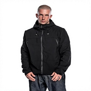 Men <b>Black</b> Hooded Soft Shell <b>Jacket</b> Zip Fly Water Resistant With Pockets Regular Fit Autumn Outdoor Wear - Product Image 1
