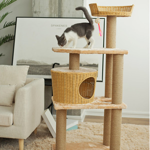 Árbol para gatos con casa de ratán, 4 niveles, poste rascador de cuerda de cáñamo para gatos - Product Image 1