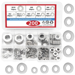 304 Stainless Steel Flat Washers Assortment Kit 200pcs Metric Size <b>M2</b> To M10 For Screws <b>Bolts</b> - Product Image 1