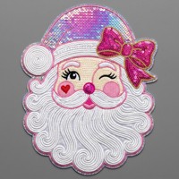 Grande Applicazione Termoadesiva Ricamata con Paillettes Rosa di Babbo Natale e Signora Claus, Carina e Femminile, per Vestiti di Natale, Giacche, Felpe con Cappuccio, Fai da Te