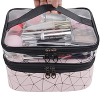 Trousse de maquillage rose OEM PU PVC double couche trousse de voyage étanche à l'eau claire maquillage organisateur fourre-tout transparent trousses de toilette