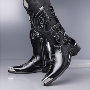 Bottes Western pour Hommes, Longueur Genou, Broderie Faite Main, Fermeture Éclair, Grande Taille, Style Cowgirl, Idéales pour l'Équitation - Product Image 1