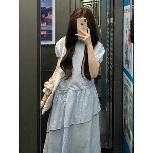 French Style Blue Dress For Women Crew Neck Natural Waist Splicing Breathable Daily Casual Long Dress - Product Image 3