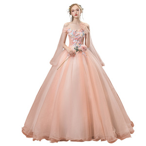 Pink Off The Shoulder Chiffon Ball Gown Dress With Floral Embellishment Empire Waistline Long Tutu Skirt For Wedding Hostess - Product Image 5