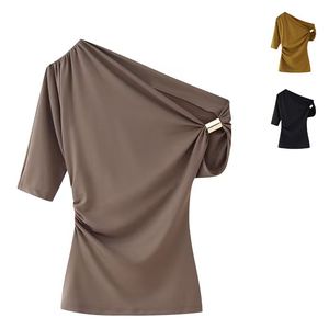 Chemise décontractée d'été vintage pour femmes - Manches courtes simples, coupe ajustée, asymétrique, respirante, séchage rapide, polyester uni - Product Image 1