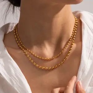 XL23366 Double Layered Waterproof Non Tarnish 18K Gold Plated Stainless Steel Seed Bead Pea Necklace For Women