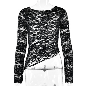 Women Sheer Lace Long Sleeve Top Black Breathable Slim Fit Knit Top - Product Image 5