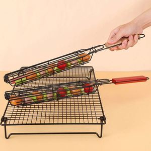 Utensilios de barbacoa de acero inoxidable con mango de madera para parrilla exterior y doméstica, jaula para verduras y brochetas redondas, herramientas con logotipo láser - Product Image 3