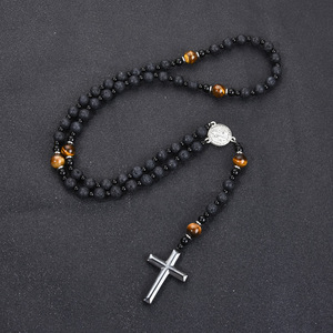 Kalung Salib Religius Klasik Trendi Unisex Obsidian Volcanic Tiger's Eye Hematite Pearl Hadiah Eropa Terbaru Terbaik - Product Image 4