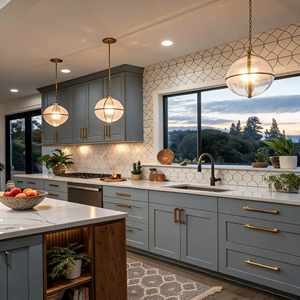 Gabinetes de Cocina de Madera Maciza Azul Claro con Encimera de Piedra para Cocina Moderna, Directo de Fábrica - Product Image 4