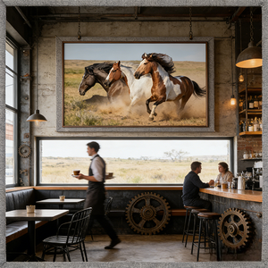 Impression sur papier acrylique personnalisée de chevaux sauvages peints à la main, <span class=keywords><strong>paysage</strong></span> de prairie occidentale, art mural encadré en bois, imperméable, décoration de salon - Product Image 4