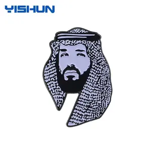 Quality large safety pin badge emblem label custom character shaped Saudi Arabia black white metal enamel royal prince lapel pin