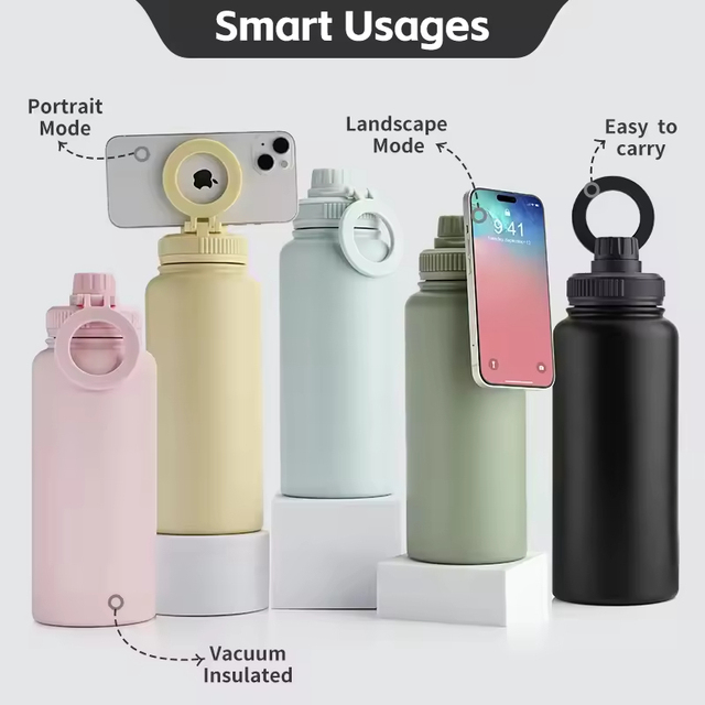 Gym Magnetic Phone Mount 1000ml Vacuum Insulated Stainless Steel Water Bottle for Workout Hydration