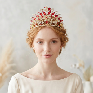 Diadème de mariage baroque élégant en or et rubis rouges, couronne scintillante en cristal rouge pour Quinceañera et bal de promo - Product Image 1