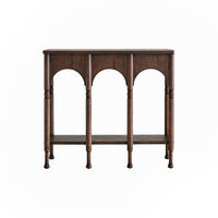 Console vintage américaine et française rétro nostalgique en bois de frêne massif avec étagère de rangement et présentoir pour entrée, couloir ou hall.