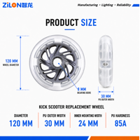 Ensemble de roues de remplacement pour trottinette à 3 roues pour enfants, 120x30mm, qualité supérieure, PU, 4 lumières LED clignotantes, roulements à billes ABEC-7, résistantes à l'eau
